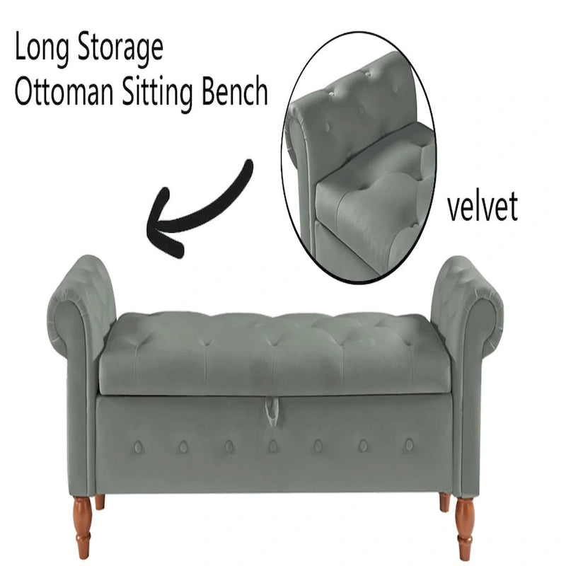 Banc ottoman de rangement capitonné gris/beige avec accoudoirs arrondis, style contemporain, 1 personne