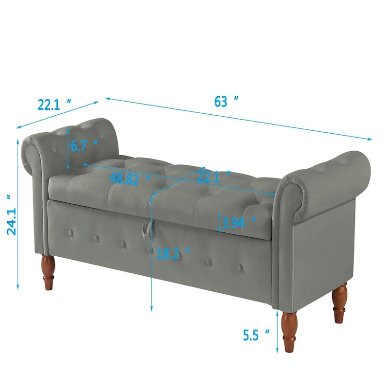 Banc ottoman de rangement capitonné gris/beige avec accoudoirs arrondis, style contemporain, 1 personne