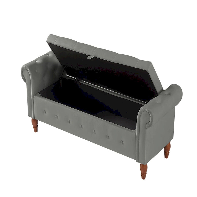 Banc ottoman de rangement capitonné gris/beige avec accoudoirs arrondis, style contemporain, 1 personne