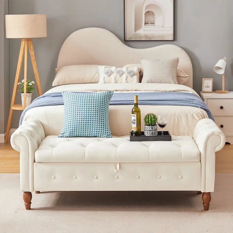 Banc ottoman de rangement capitonné gris/beige avec accoudoirs arrondis, style contemporain, 1 personne