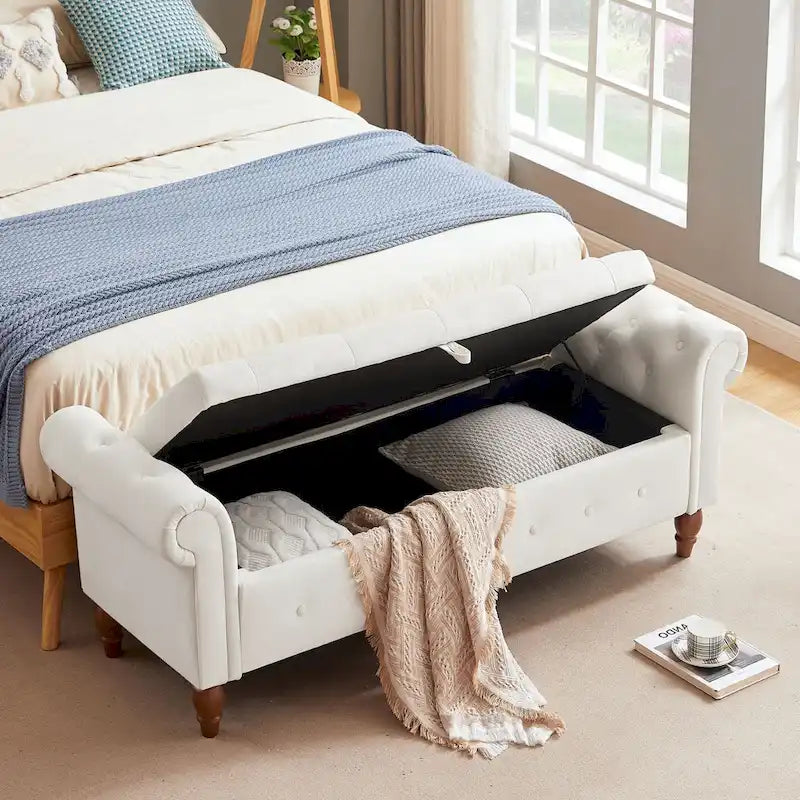 Banc ottoman de rangement capitonné gris/beige avec accoudoirs arrondis, style contemporain, 1 personne