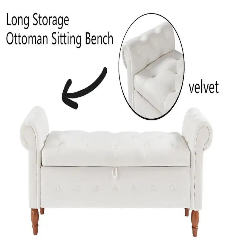 Banc ottoman de rangement capitonné gris/beige avec accoudoirs arrondis, style contemporain, 1 personne