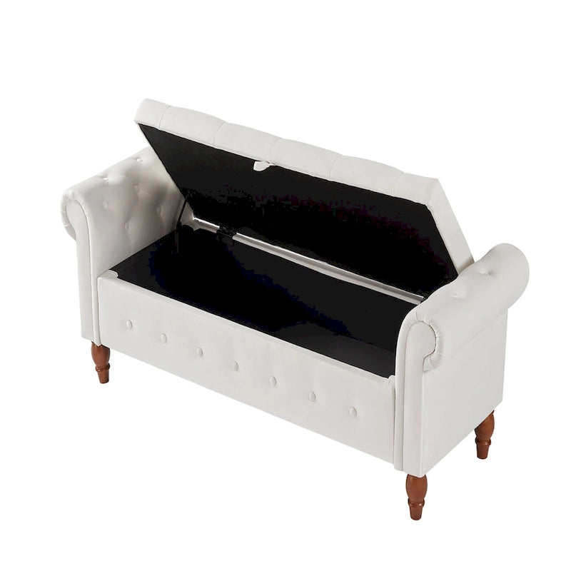 Banc ottoman de rangement capitonné gris/beige avec accoudoirs arrondis, style contemporain, 1 personne