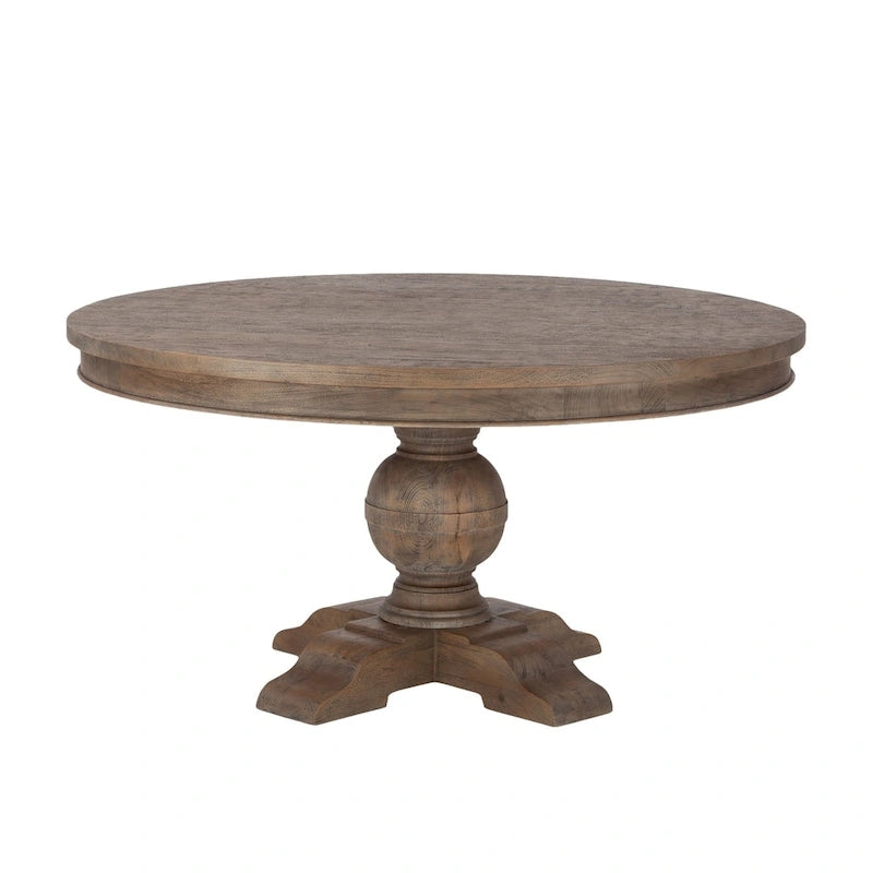 Table à manger ronde en teck vieilli marron, piétement en manguier massif, 4 places, 107 cm