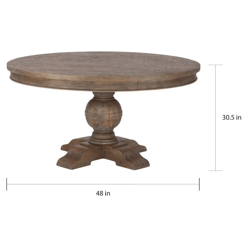 Table à manger ronde en teck vieilli marron, piétement en manguier massif, 4 places, 107 cm