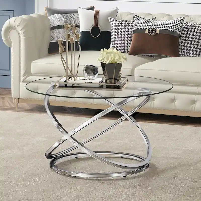 Table basse d'appoint ronde en verre/pierre avec base en métal, 1 personne