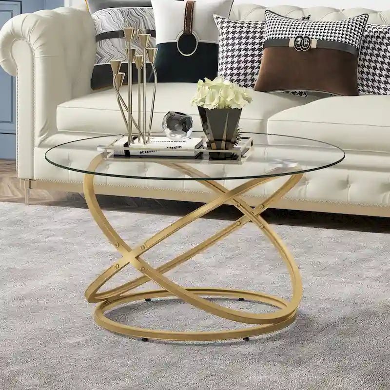 Table basse d'appoint ronde en verre/pierre avec base en métal, 1 personne