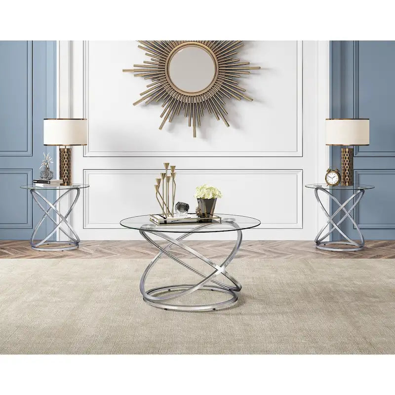 Table basse d'appoint ronde en verre/pierre avec base en métal, 1 personne