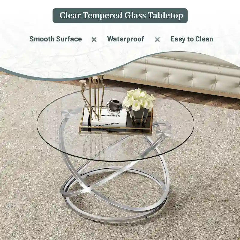 Table basse d'appoint ronde en verre/pierre avec base en métal, 1 personne