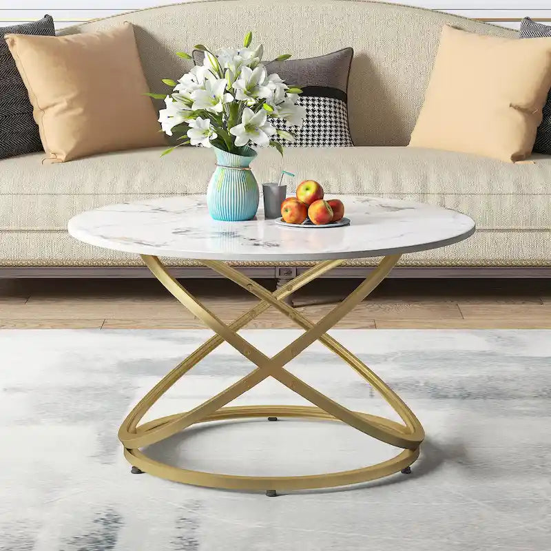 Table basse d'appoint ronde en verre/pierre avec base en métal, 1 personne