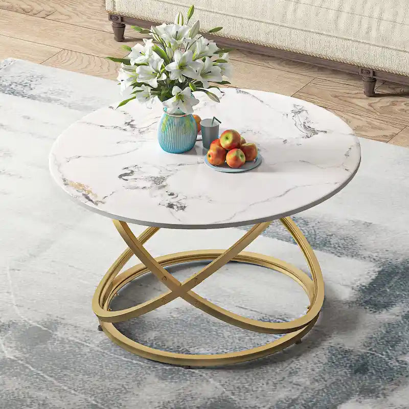 Table basse d'appoint ronde en verre/pierre avec base en métal, 1 personne