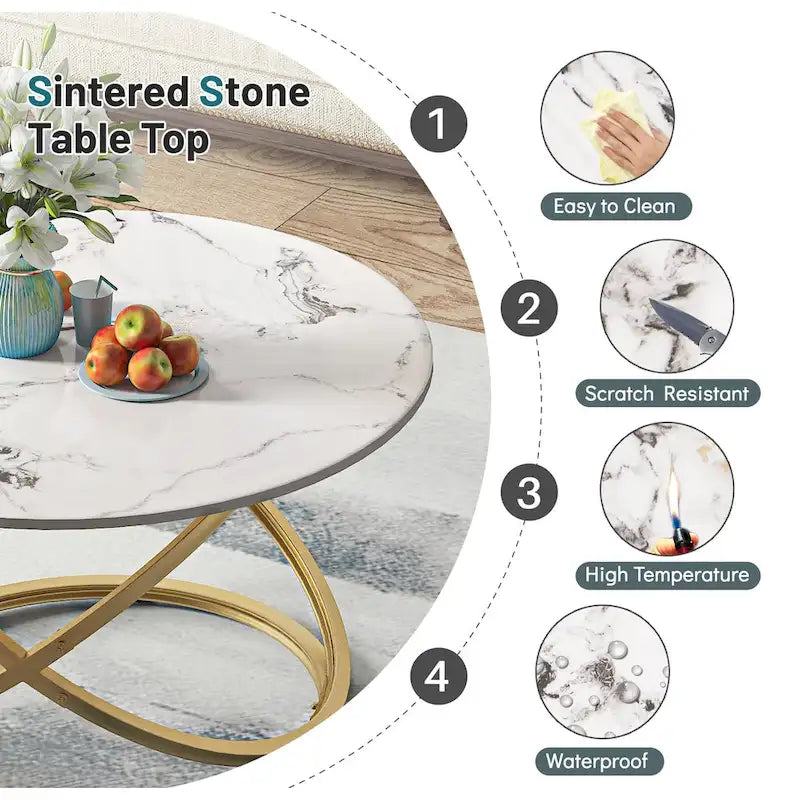 Table basse d'appoint ronde en verre/pierre avec base en métal, 1 personne