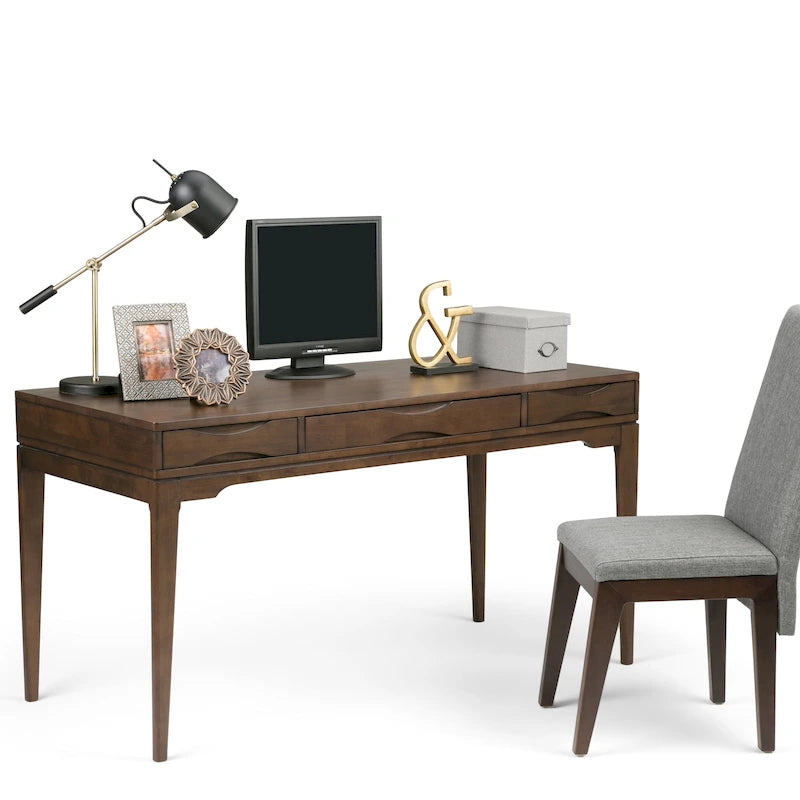 Bureau d'écriture moderne en bois d'hévéa massif avec plateau coulissant pour clavier et 2 tiroirs, 1 personne, 152 cm – Noyer / Blanc / Marron doré clair / Gris campagnard / Noir