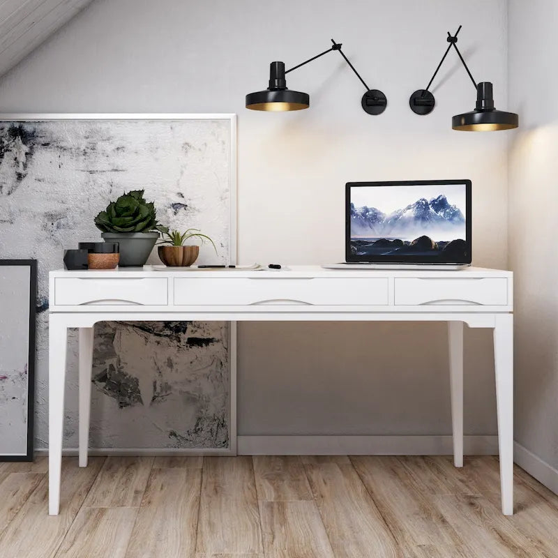 Bureau d'écriture moderne en bois d'hévéa massif avec plateau coulissant pour clavier et 2 tiroirs, 1 personne, 152 cm – Noyer / Blanc / Marron doré clair / Gris campagnard / Noir