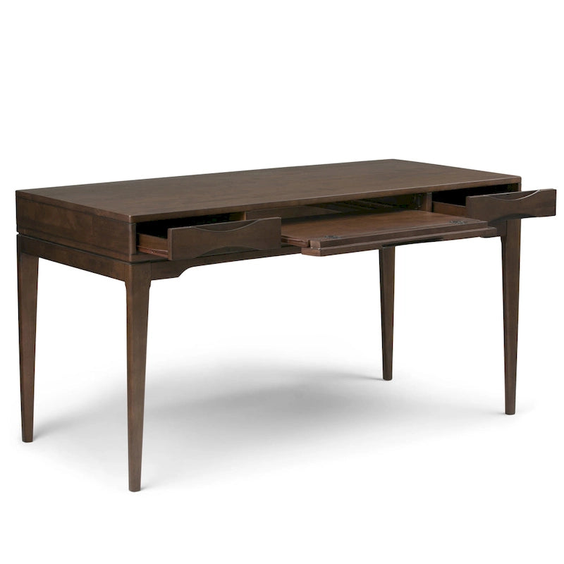 Bureau d'écriture moderne en bois d'hévéa massif avec plateau coulissant pour clavier et 2 tiroirs, 1 personne, 152 cm – Noyer / Blanc / Marron doré clair / Gris campagnard / Noir
