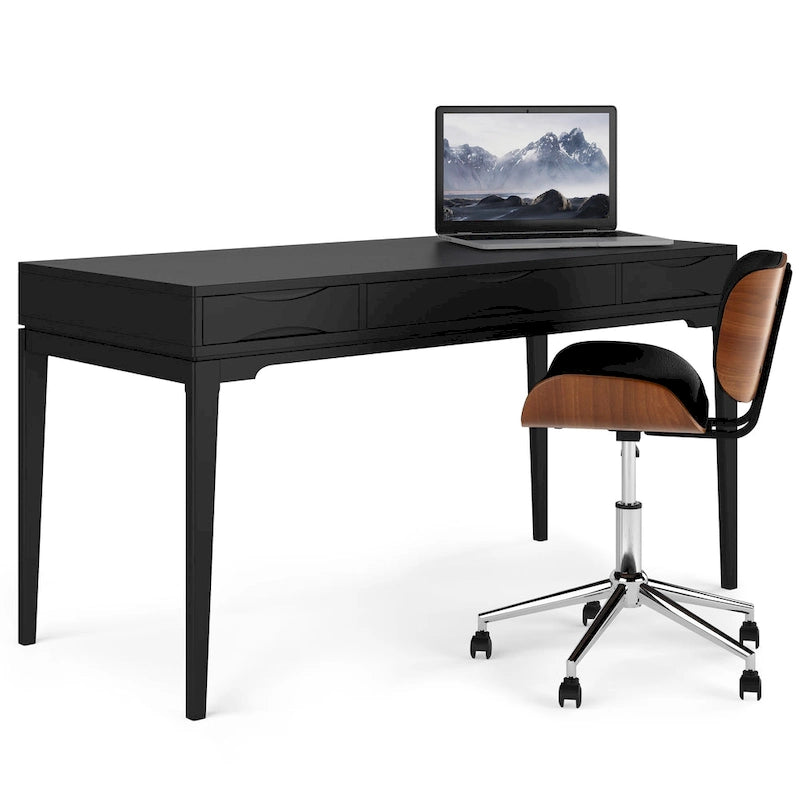 Bureau d'écriture moderne en bois d'hévéa massif avec plateau coulissant pour clavier et 2 tiroirs, 1 personne, 152 cm – Noyer / Blanc / Marron doré clair / Gris campagnard / Noir