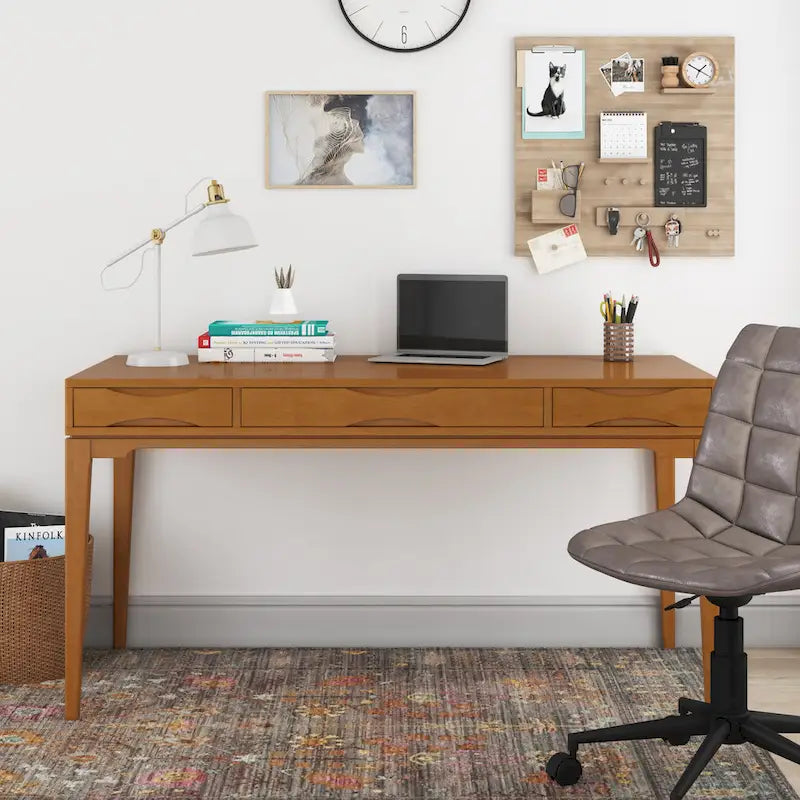 Bureau d'écriture moderne en bois d'hévéa massif avec plateau coulissant pour clavier et 2 tiroirs, 1 personne, 152 cm – Noyer / Blanc / Marron doré clair / Gris campagnard / Noir