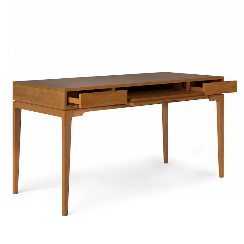 Bureau d'écriture moderne en bois d'hévéa massif avec plateau coulissant pour clavier et 2 tiroirs, 1 personne, 152 cm – Noyer / Blanc / Marron doré clair / Gris campagnard / Noir
