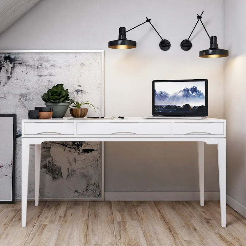 Bureau d'écriture moderne en bois d'hévéa massif avec plateau coulissant pour clavier et 2 tiroirs, 1 personne, 152 cm – Noyer / Blanc / Marron doré clair / Gris campagnard / Noir