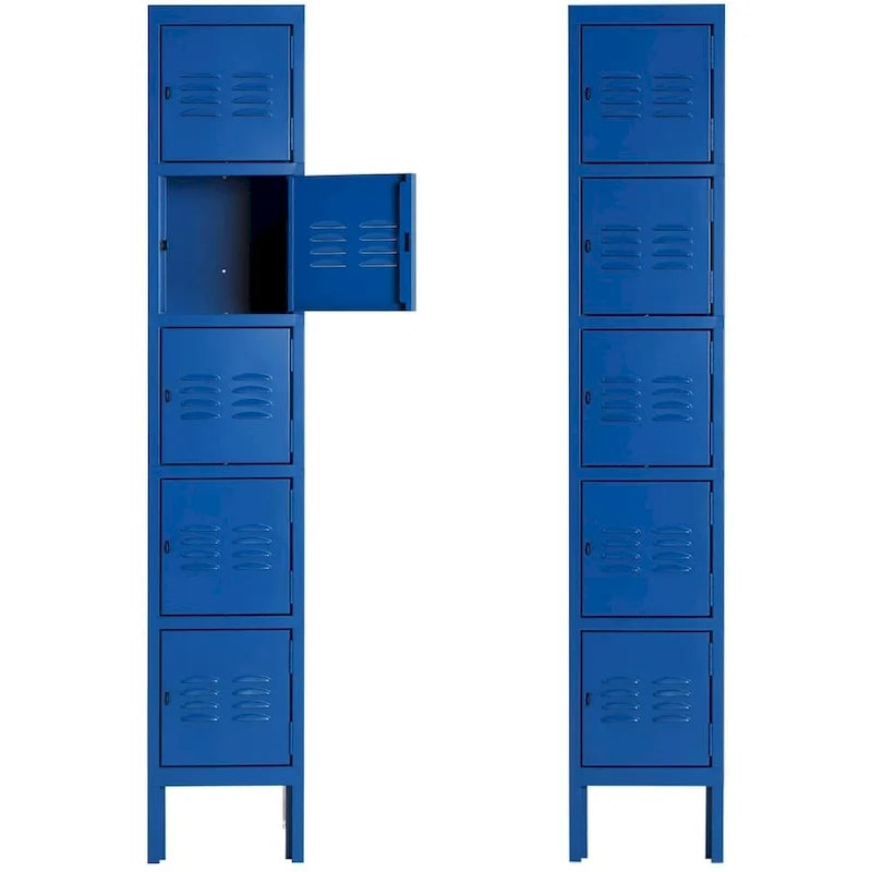 Casier de rangement en métal 5 portes, bleu/gris, avec crochets en acier inoxydable et fixation murale, 1 personne