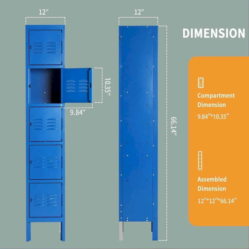 Casier de rangement en métal 5 portes, bleu/gris, avec crochets en acier inoxydable et fixation murale, 1 personne