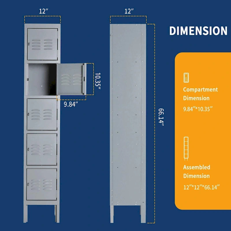 Casier de rangement en métal 5 portes, bleu/gris, avec crochets en acier inoxydable et fixation murale, 1 personne