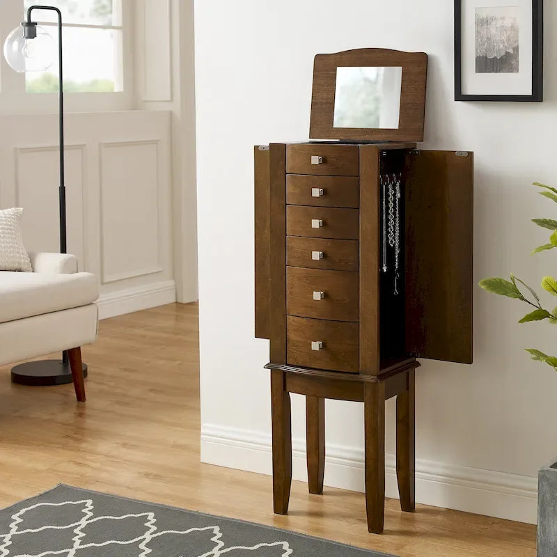 Armoire à bijoux transitionnelle brun noyer avec miroir rabattable, 5 tiroirs et 6 crochets latéraux, 1 personne