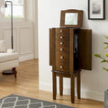 Armoire à bijoux transitionnelle brun noyer avec miroir rabattable, 5 tiroirs et 6 crochets latéraux, 1 personne
