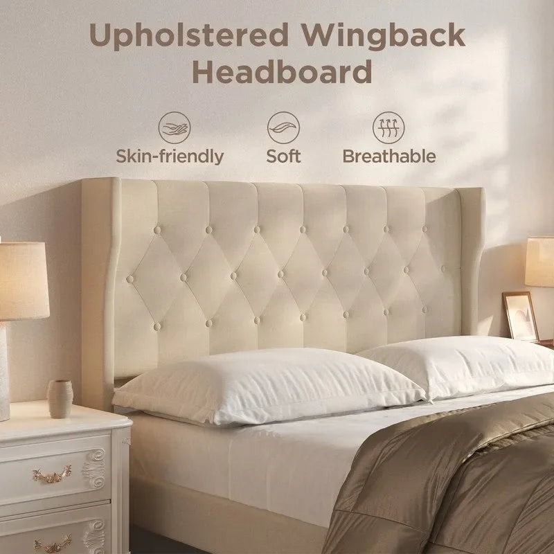 Cadre de lit plateforme capitonné en velours gris foncé / beige avec tête de lit incurvée et cadre en acier, pleine taille / grand lit, 2 personnes