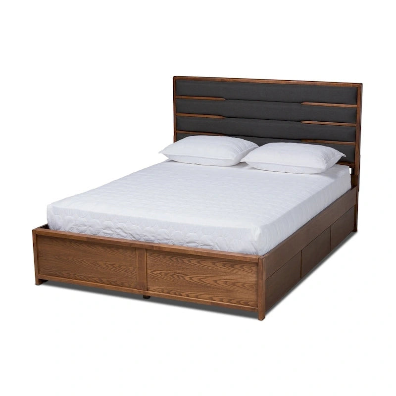 Lit plateforme moderne gris foncé et noyer avec tête de lit capitonnée et 6 tiroirs, grand lit/très grand lit, 2 personnes