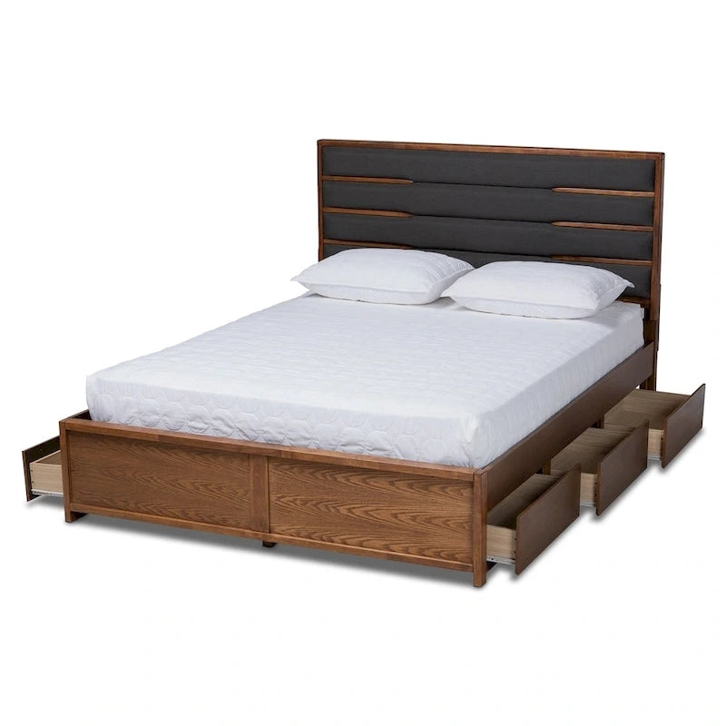 Lit plateforme moderne gris foncé et noyer avec tête de lit capitonnée et 6 tiroirs, grand lit/très grand lit, 2 personnes