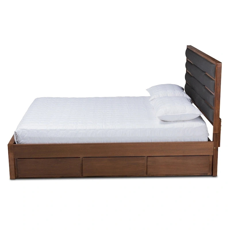 Lit plateforme moderne gris foncé et noyer avec tête de lit capitonnée et 6 tiroirs, grand lit/très grand lit, 2 personnes