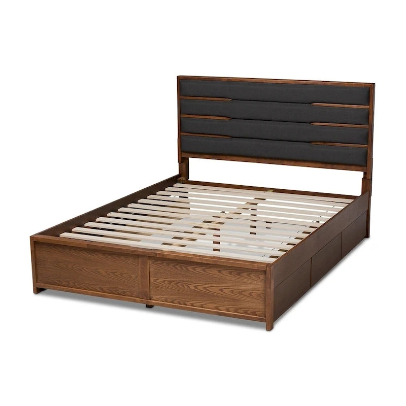 Lit plateforme moderne gris foncé et noyer avec tête de lit capitonnée et 6 tiroirs, grand lit/très grand lit, 2 personnes