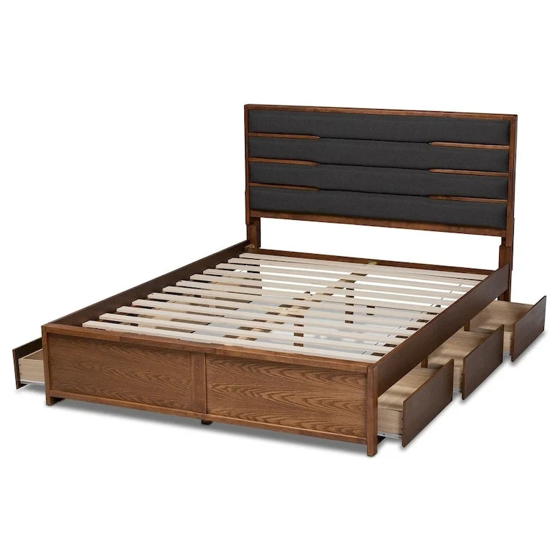 Lit plateforme moderne gris foncé et noyer avec tête de lit capitonnée et 6 tiroirs, grand lit/très grand lit, 2 personnes