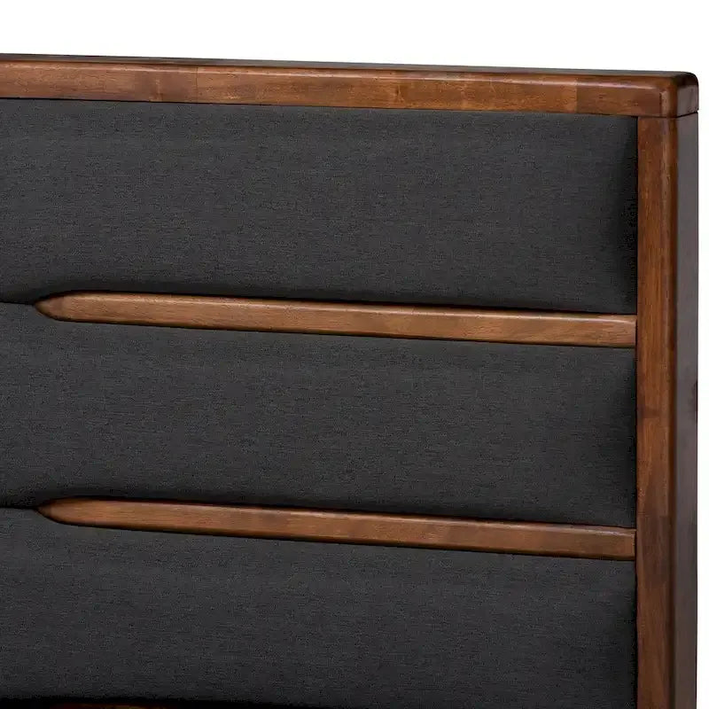Lit plateforme moderne gris foncé et noyer avec tête de lit capitonnée et 6 tiroirs, grand lit/très grand lit, 2 personnes