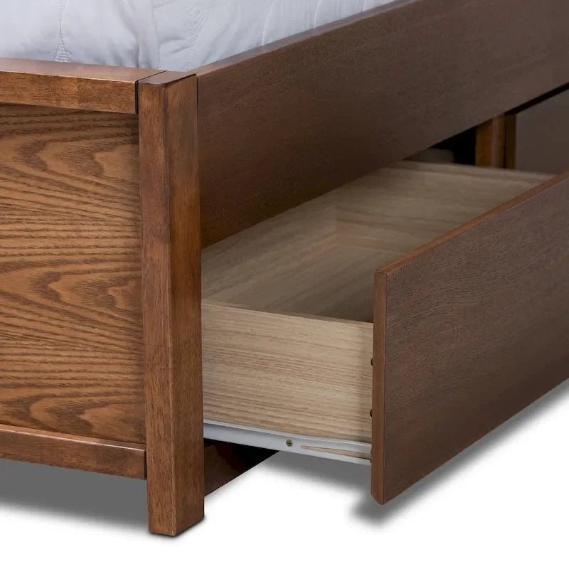 Lit plateforme moderne gris foncé et noyer avec tête de lit capitonnée et 6 tiroirs, grand lit/très grand lit, 2 personnes