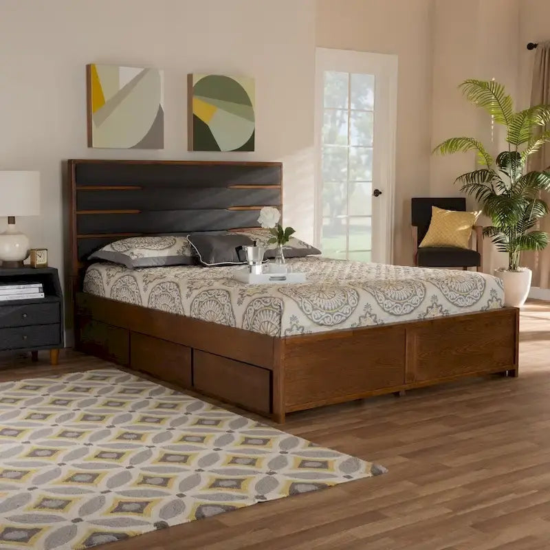 Lit plateforme moderne gris foncé et noyer avec tête de lit capitonnée et 6 tiroirs, grand lit/très grand lit, 2 personnes