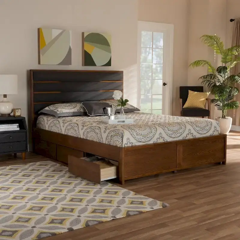 Lit plateforme moderne gris foncé et noyer avec tête de lit capitonnée et 6 tiroirs, grand lit/très grand lit, 2 personnes