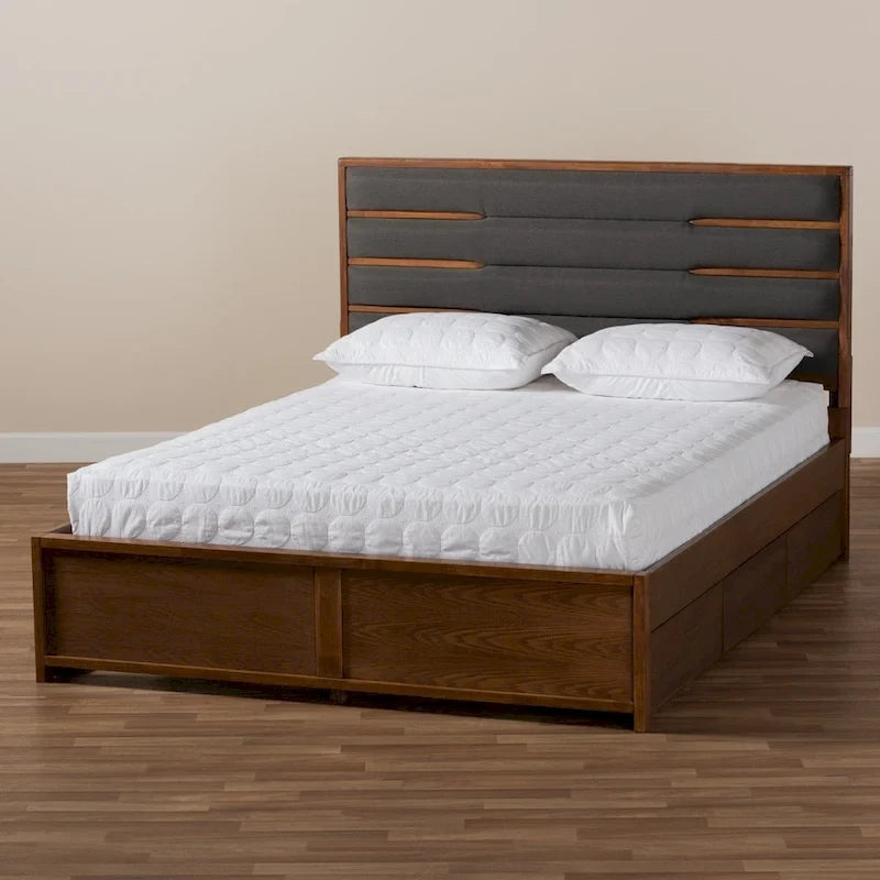Lit plateforme moderne gris foncé et noyer avec tête de lit capitonnée et 6 tiroirs, grand lit/très grand lit, 2 personnes