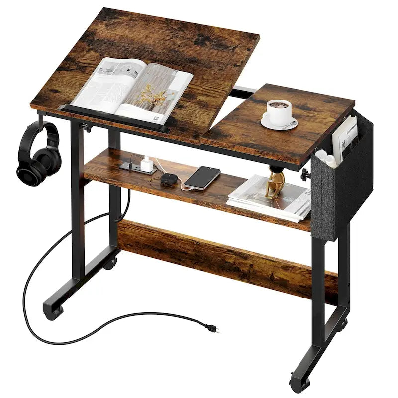 Bureau portable réglable en hauteur marron/gris/noir avec roulettes pivotantes, plateau inclinable et station de recharge intégrée, 1 personne