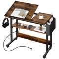 Bureau portable réglable en hauteur marron/gris/noir avec roulettes pivotantes, plateau inclinable et station de recharge intégrée, 1 personne