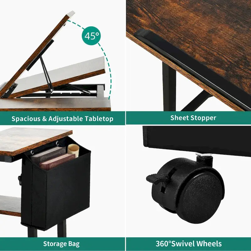 Bureau portable réglable en hauteur marron/gris/noir avec roulettes pivotantes, plateau inclinable et station de recharge intégrée, 1 personne