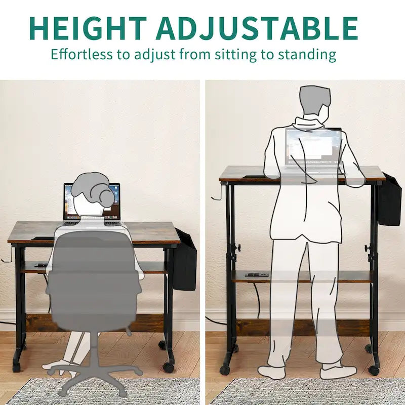 Bureau portable réglable en hauteur marron/gris/noir avec roulettes pivotantes, plateau inclinable et station de recharge intégrée, 1 personne