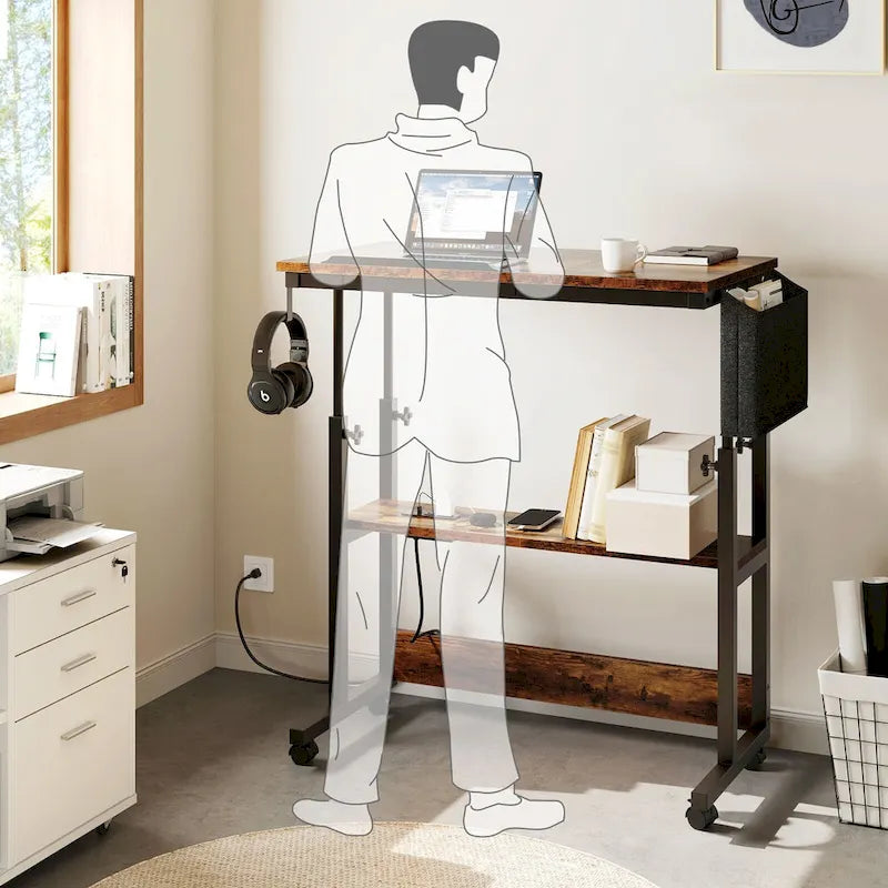 Bureau portable réglable en hauteur marron/gris/noir avec roulettes pivotantes, plateau inclinable et station de recharge intégrée, 1 personne