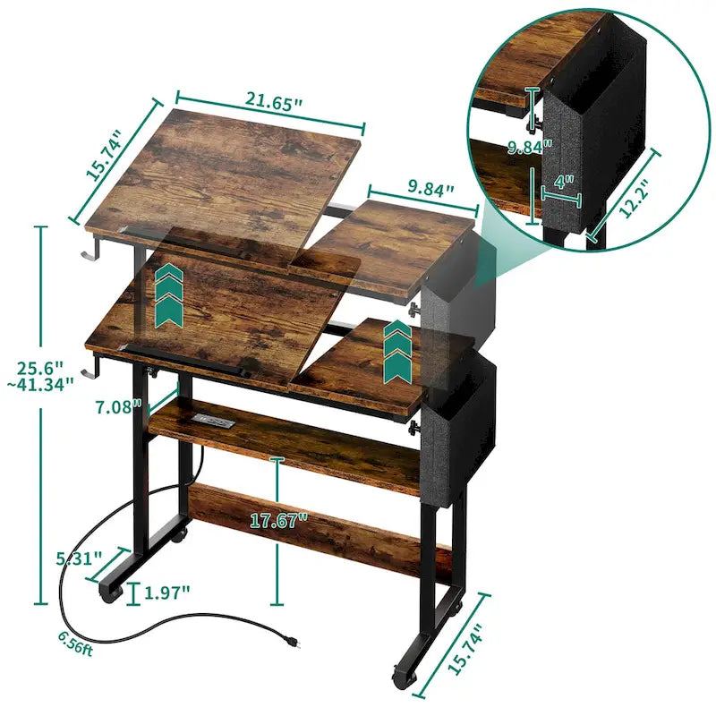 Bureau portable réglable en hauteur marron/gris/noir avec roulettes pivotantes, plateau inclinable et station de recharge intégrée, 1 personne