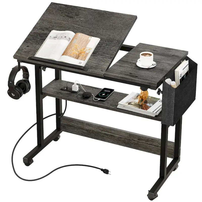 Bureau portable réglable en hauteur marron/gris/noir avec roulettes pivotantes, plateau inclinable et station de recharge intégrée, 1 personne