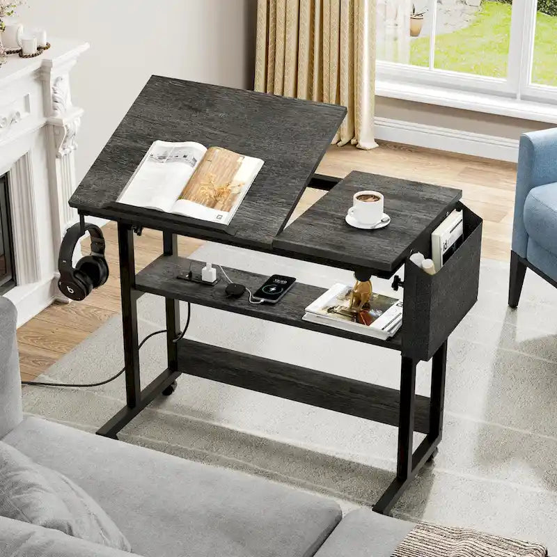 Bureau portable réglable en hauteur marron/gris/noir avec roulettes pivotantes, plateau inclinable et station de recharge intégrée, 1 personne