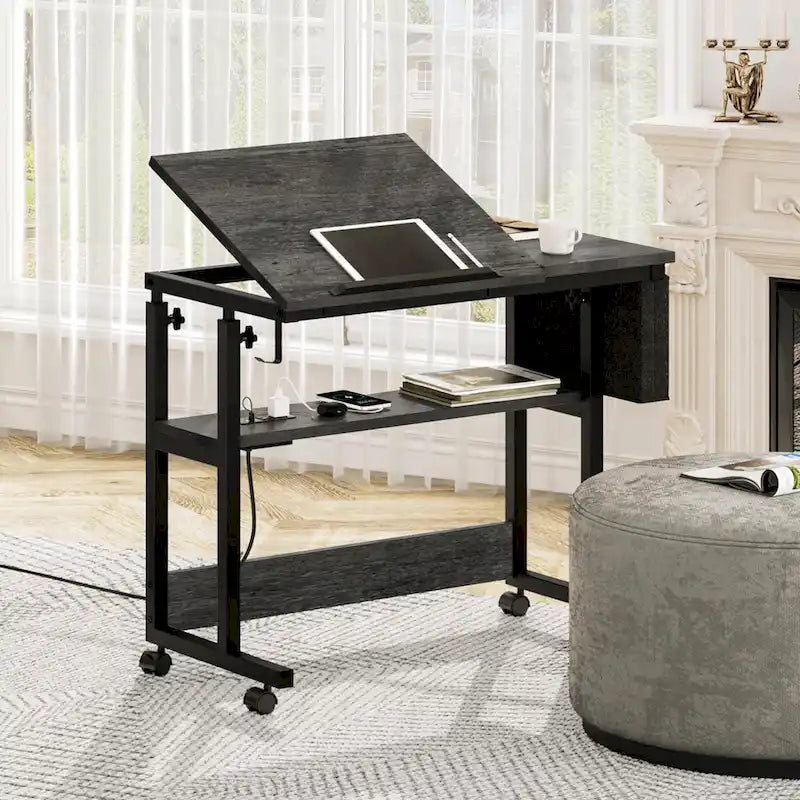 Bureau portable réglable en hauteur marron/gris/noir avec roulettes pivotantes, plateau inclinable et station de recharge intégrée, 1 personne