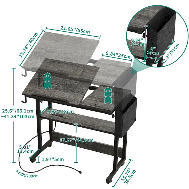 Bureau portable réglable en hauteur marron/gris/noir avec roulettes pivotantes, plateau inclinable et station de recharge intégrée, 1 personne