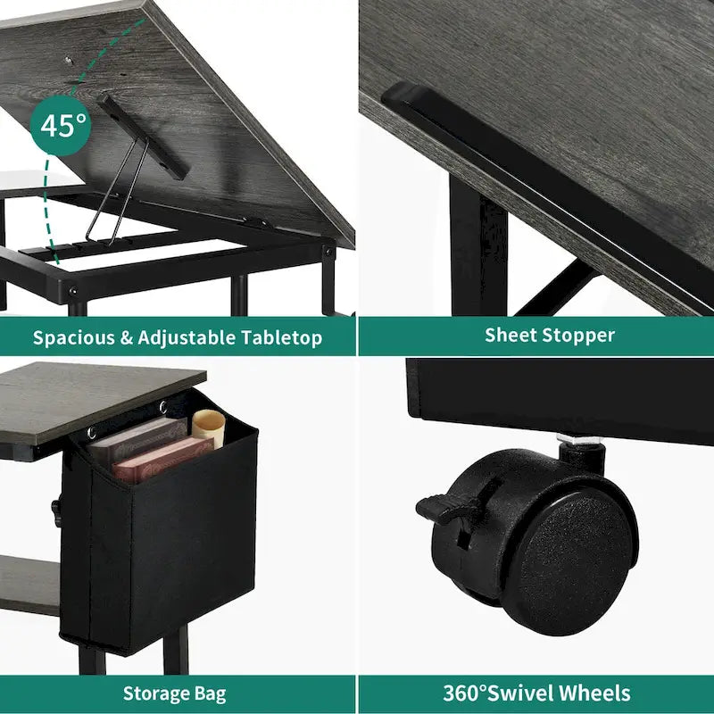 Bureau portable réglable en hauteur marron/gris/noir avec roulettes pivotantes, plateau inclinable et station de recharge intégrée, 1 personne